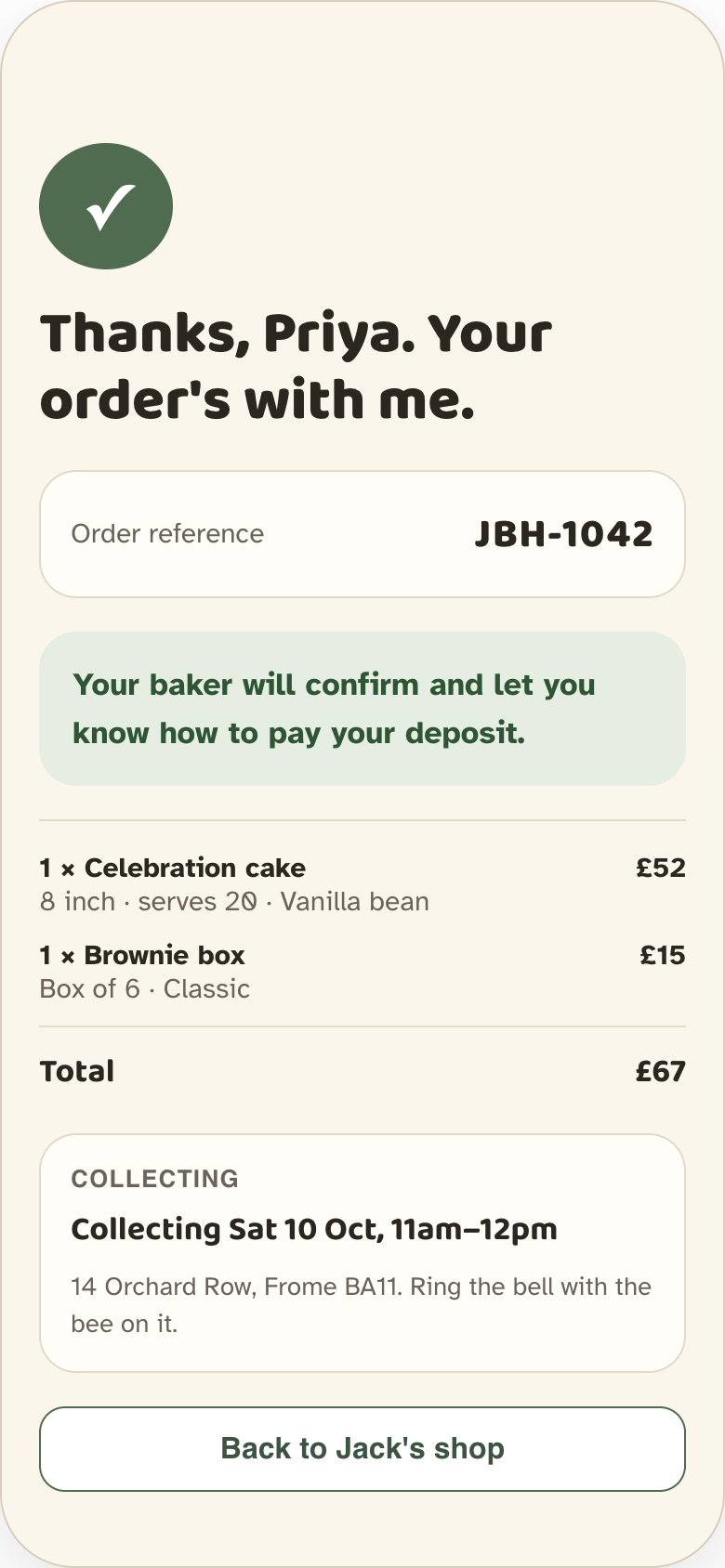 TrayLora customer order confirmation and tracking screen